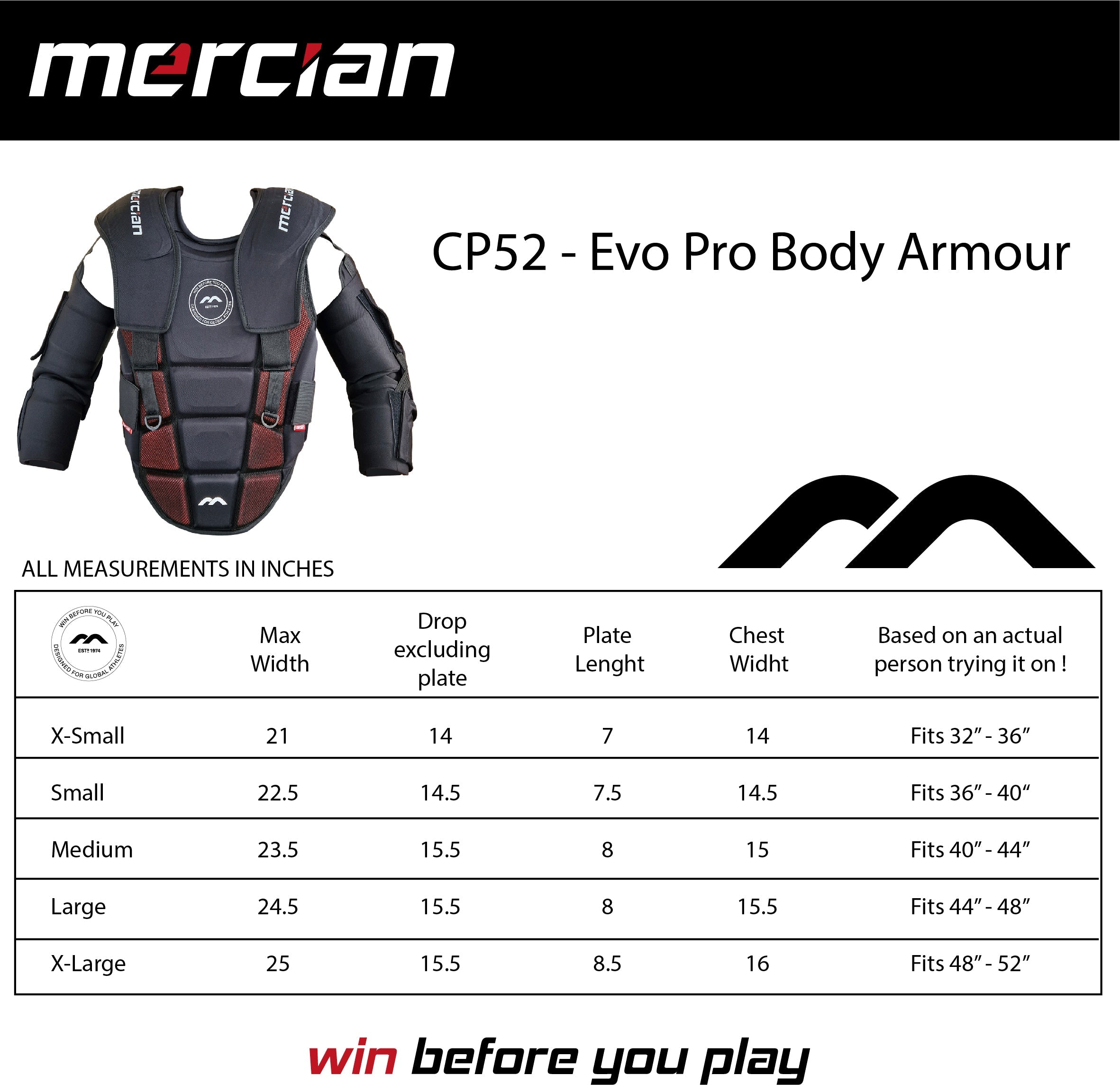 Mercian Evolution Body Armour : CP52EVPRO : size chart