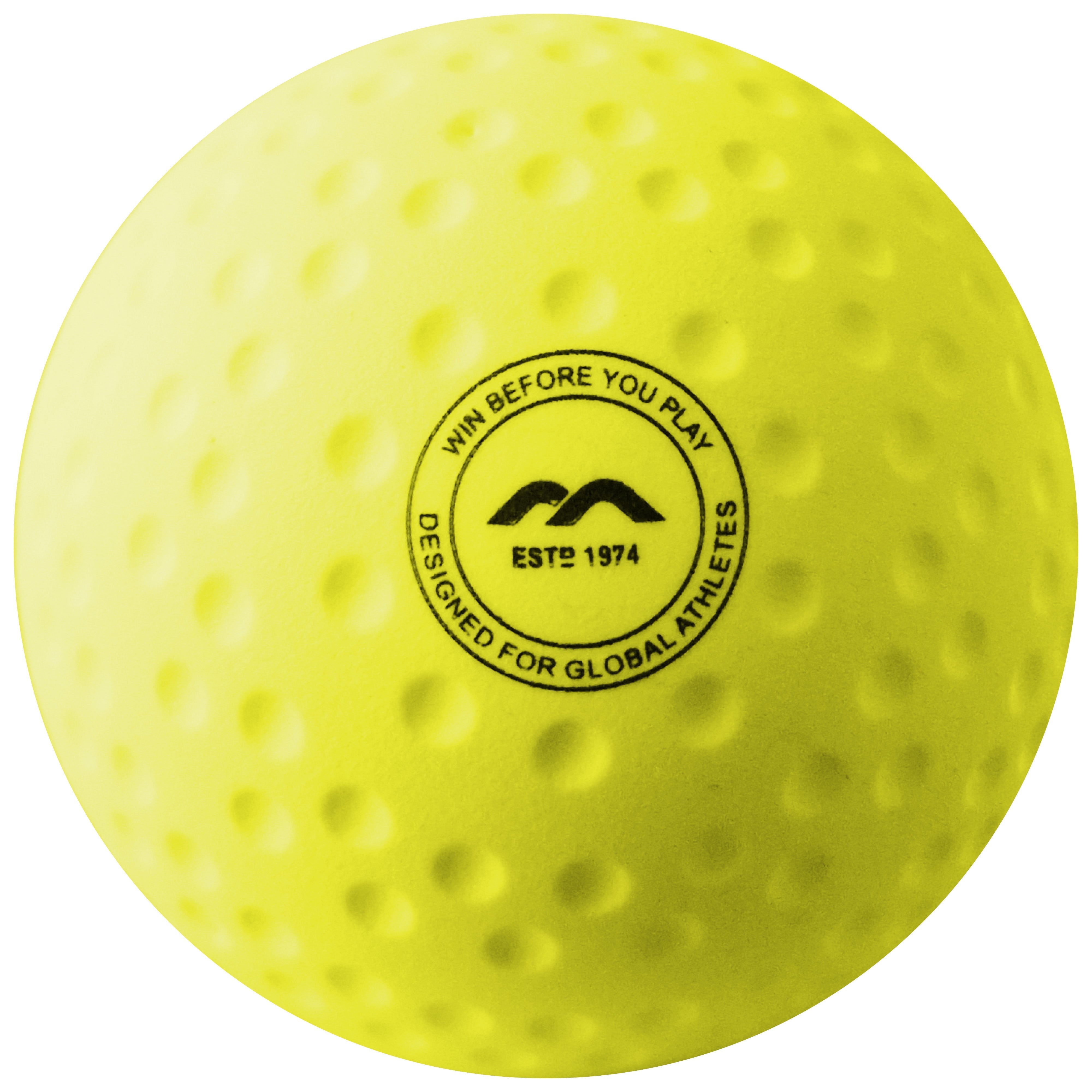 Front of Evolution Yellow Dimple Hockey Ball 2024 - SKU HB5924YEL