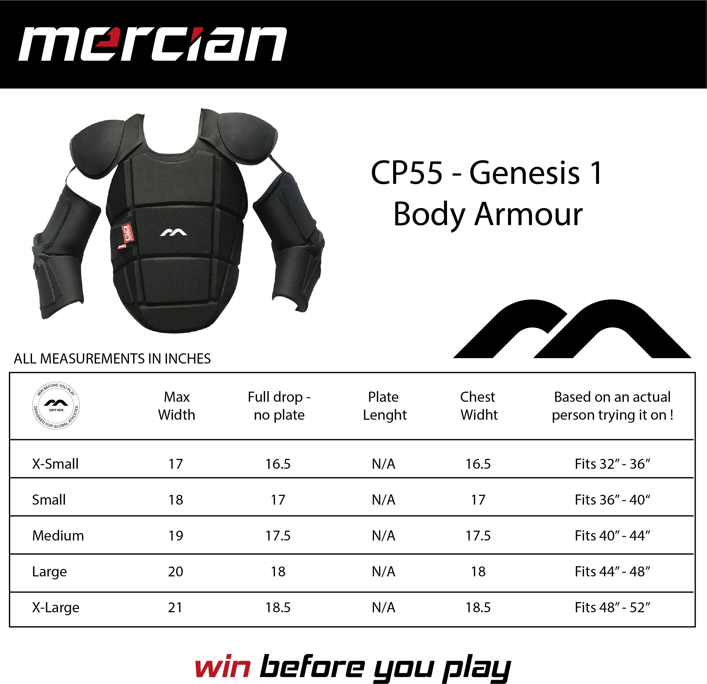 Mercian Genesis 1 Body Armour : CP55GE1 : size chart